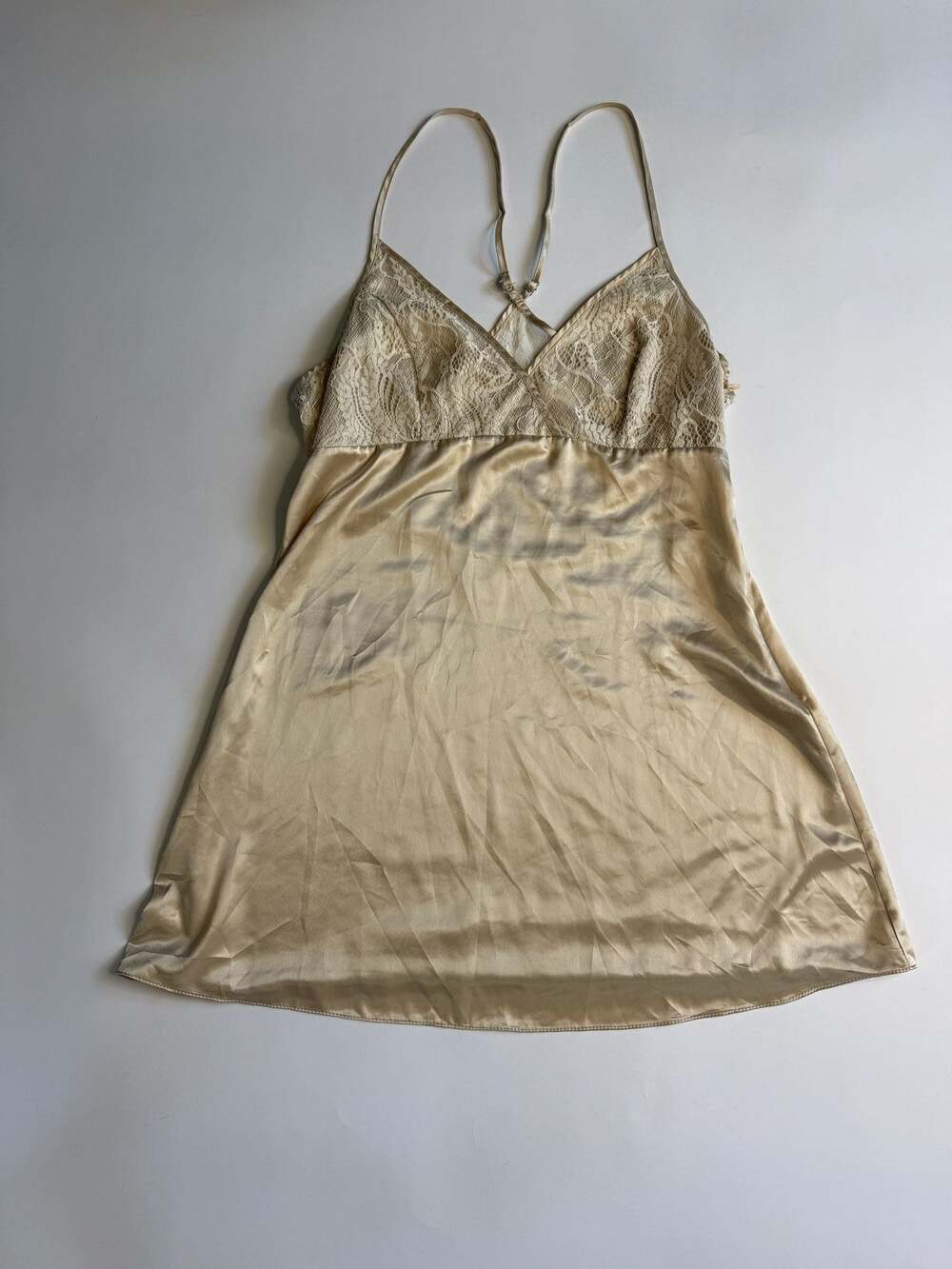 Lulus Champagne Satin and Lace Slip Dress